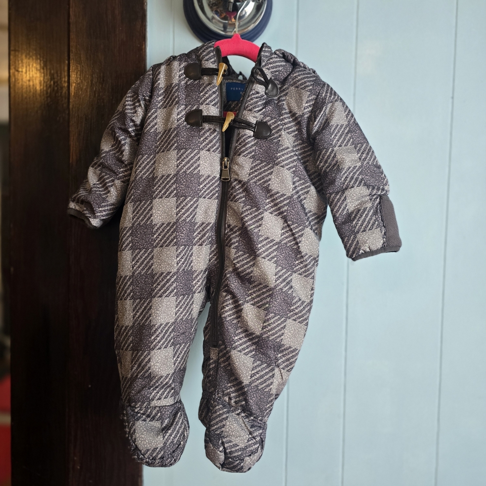 Perry Ellis Gray Plaid Baby Snowsuit with Hood